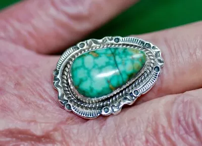 Vintage Navajo Carico Lake Green Spiderweb Turquoise Sterling Ring Sz. 8 3/4 • $145