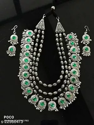 $17.77 • Buy Indian Bollywood Green Silver Oxidized Long Necklace Set Earrings Party Jewelry