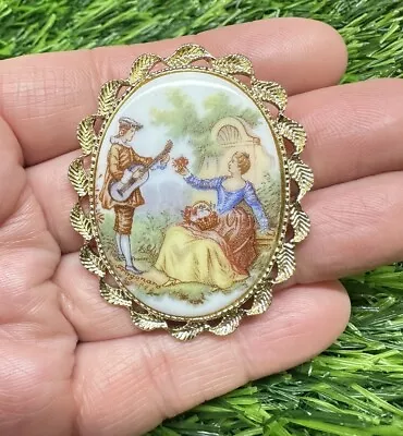 Vintage Gold Tone Porcelain Cameo Brooch Pin Victorian Courting Couple Scene • $10.19
