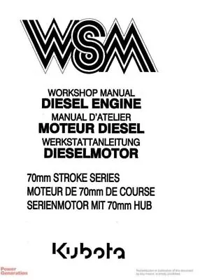 Kubota Engine-Diesel-70MM-Stroke Workshop Manual • $51.11