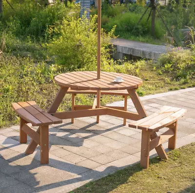 6 Seater Garden Furniture Set Round Table And 3 Bench Seats Outdoor Patio Wooden • £170.50