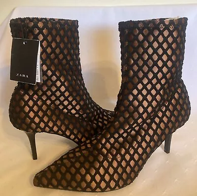 Zara Ankle Boots Fishnet Sock-Style Black Gold Pointy Toe Sz EU39 US8 • $49.95