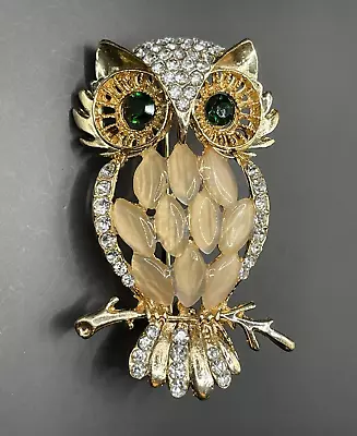 Vintage Gold Tone Rhinestone Owl Brooch Pin • $12.75