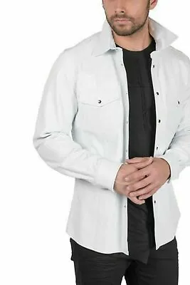 Men's Leather Shirt Sheepskin White Leather Full Sleeve Shirt Jacket NFS-037 • $112.90