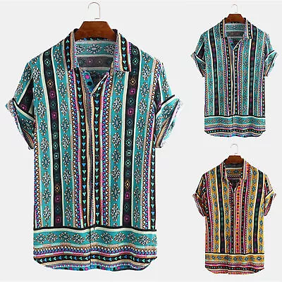 Men's Hawaii Beach Vertical Stripe Printed Short Sleeve Hippy Blouse T-shirt Top • $34.72