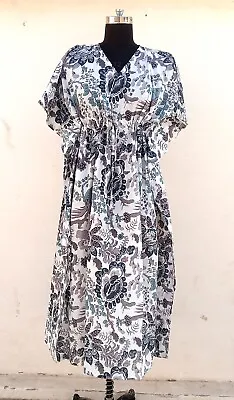 Indian Cotton Grey Floral Printed Kaftan Dress Women's Clothing Kaftan Dress AU • $33.75