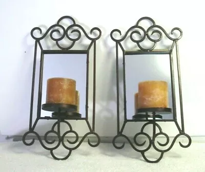 Vtg Wrought Iron & Mirror Pillar Candle Holders Wall Mount Sconces Bronze Color • £89.75