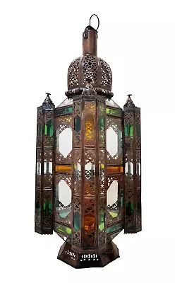 Handcrafted Glass And Metal Lantern Light Morocco Green/Orange/Transparent  • $325