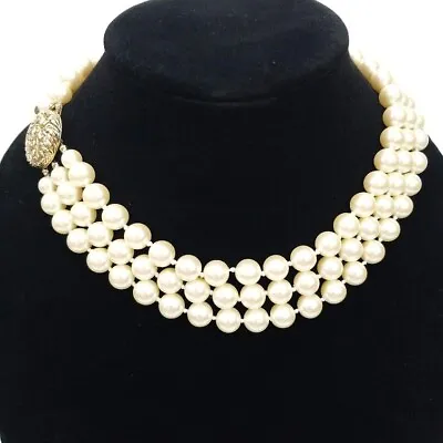Vintage CAROLEE Triple 3 Strand Faux Pearls Choker Necklace Round Ornate Clasp • $49