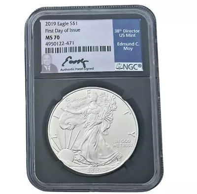 2019 Silver Eagle MS70 Edmund Moy First Day Of Issue Black Holder • $28