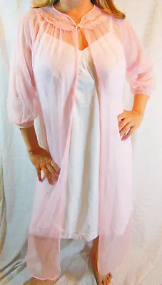 Dreamy!!! Sears Elegant Pink Sheer Lacy Chiffon Long Peignoir Robe M L Xl Evc • $19.87