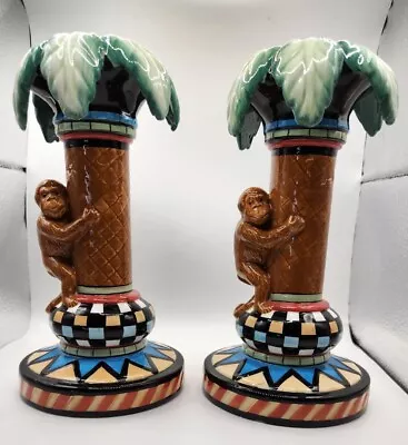 Vintage Safari Whimsy 2000 CBK Candle Holders Monkey Palm Tree Tropical Cottage • $18
