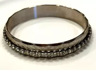 Vintage Mcm Silver Brushed Etched Rhinestone Tennis Bangle 9.5  Round Bracelet • $15.95