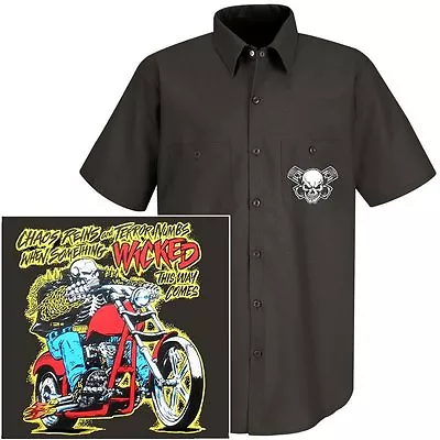 Something Wicked V-twin Chopper Motorcycle Rider Skull Biker Mechanic Work Shirt • $42.95