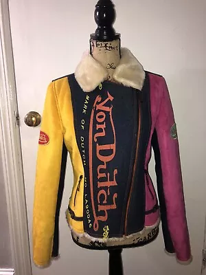 Von Dutch Faux Suede / Denim Fur Lined Colorful Jacket Coat Size Large Jr *RARE* • $600