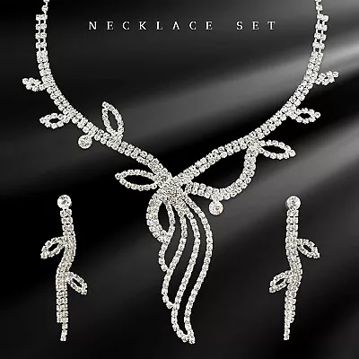 $34.16 • Buy Women Jewelry Set Silver Crystal Necklace Earrings Bridal Rhinestone Accessories