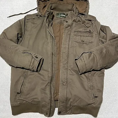 JEEP Mens Lined Jacket Khaki Tan Pockets XXL FITS LIKE A L LARGE !Removable Hood • $39