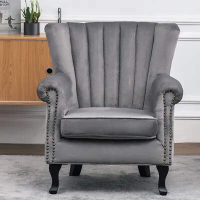 Grey Chesterfield Wing Back Armchair Queen Anne High Back Fireside Winged Chair • £189.95