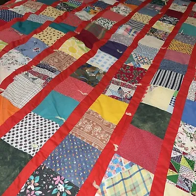 Vintage Homespun Colorful 1960-70s Twin Sz ‘Crazy’ Quilt Great VTG Fabrics 85x65 • $19.99