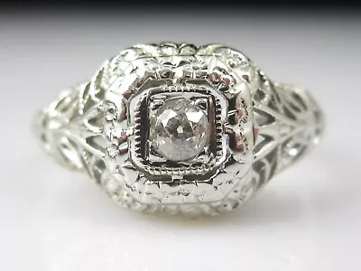 Antique Diamond Ring 18K White Gold Old Mine Cut White Rose Filigree Art Deco • $495