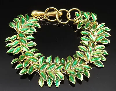 925 Silver - Vintage Gold Plated Green Enamel Leaf Chain Bracelet - BT9481 • $193.18