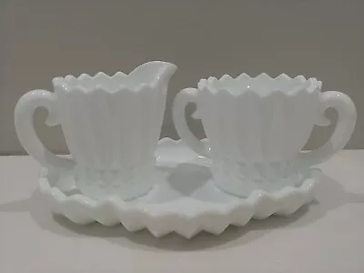 Indiana Milk Glass Lotus Blossom Sugar Creamer Tray Set ~Hard To Find ~ PERFECT! • $30