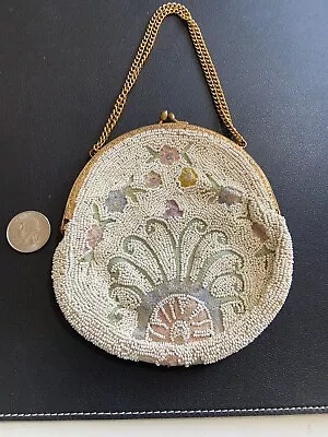 ANTIQUE French Floral Beaded Purse With Gold Chain • $27.99