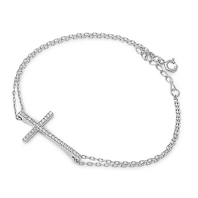 925 Sterling Silver Trendy CZ Sideway Cross 7  + 1  Bracelet • $24.99