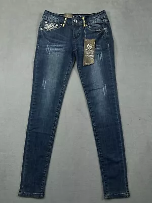 NWT LA STAR Miss Chic Jeans Y2K Size 3 Womens 29x31 Blue Embellish Bling Skinny • $20.99