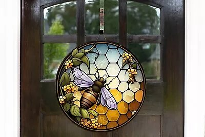 Faux Stain Glass Honey Bee Farmhouse 12 Inch Wood Sign Door Hanger • $41.48