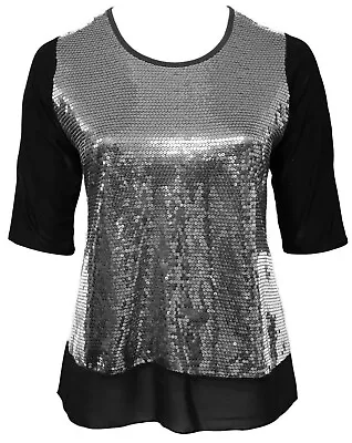 £17.95 • Buy Sparkly Silver Sequin Stretch Tunic Top Black Georgette Sheer Hem Ladies Party