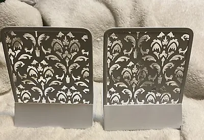 White Metal Desk Bookends Carved Hollow Flower Pattern Design Book Ends • $7.50