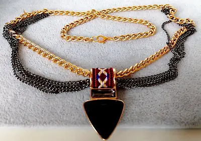  ZG20 --lovely Unusual Gold Tone Black Chains Multi-row Black Pendant Necklace • £6.50