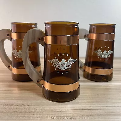 Vintage Siesta Ware Amber Glass Patriotic Eagle Wooden Handle Mug Stein SET OF 3 • $23.76