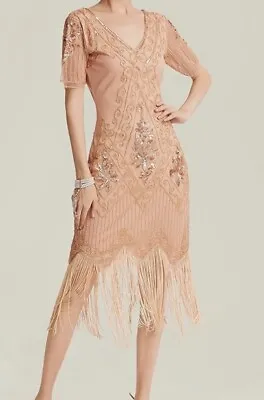 Women Dress SZ Medium  Apricot V Neck Beaded Fringed 1920s Great Gatsby Party • $14.99