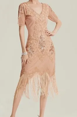 Women Dress SZ Small  Apricot V Neck Beaded Fringed 1920s Great Gatsby Party • $19.99