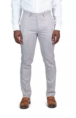 Slim Fit Mens Dress Pants Pinstripe Tan Blue Line Slacks Flat Front AZAR MAN • $39.99