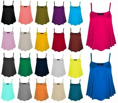  Womens Plain Swing Vest Sleeveless Top Strappy Cami Ladies Flared Uk 8-26 • £6.43