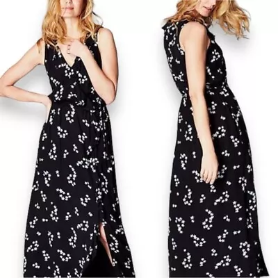 J. Jill Boho Black Floral Sleeveless Ruffled Faux Wrap Split Maxi Dress Sz M • $19.85