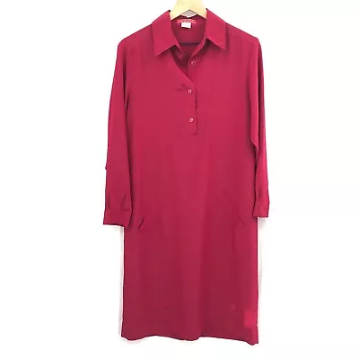 Vintage 80s Halston III Popover Shirt Long Sleeved Midi Shift Dress Dark Pink 8 • $40.50