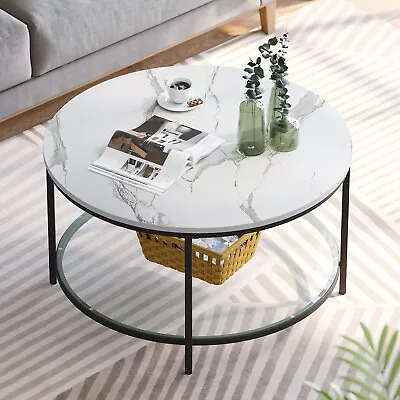 31  Round Coffee Table Cocktail Table Center Tea Table With Glass Storage Shelf • $69.98