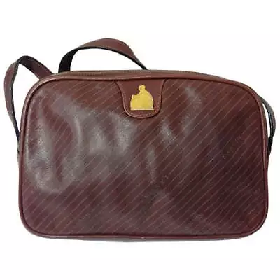 LANVIN Vintage Wine Brown Logo Printed Leather Shoulder Bag With Iconic Golden L • $285.06