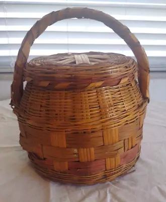 Hand-Woven Split Bamboo / Wicker Storage Basket With Lid & Handle Vintage • $39.88