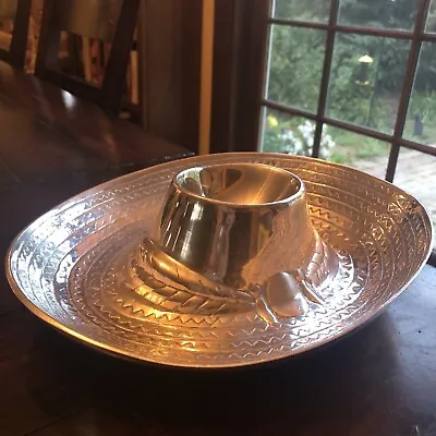 Vintage Cast Aluminum Sombrero Chips And Salsa Serving Bowl 12” • $12