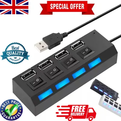 High Speed 4 Port USB HUB 2.0 Multi Splitter Expansion Desktop PC Laptop Adapter • £4.59