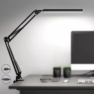 Dimmable LED Desk Lamp With Clamp 3 Color 10 Modes Swing Arm Clip-on Lamp USB UK • £11.99