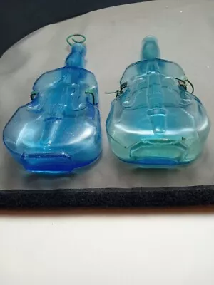 Vintage Blue Aqua Violin Cello Glass Figural Bottle Bud Vases Hanging  • $10