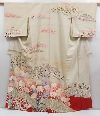 3725T11z900 Vintage Japanese Kimono Silk TSUKESAGE Flowers Sand Beige • $26