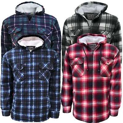 Mens Hooded Fleece Padded Lumberjack Shirt Jacket Fur Lined Sherpa Winter M-2XL • £21.99