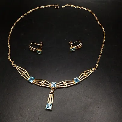 Vintage Art DECO Simmons Blue 1/10 12k Gold Filled Necklace Earrings STUNNING • $110